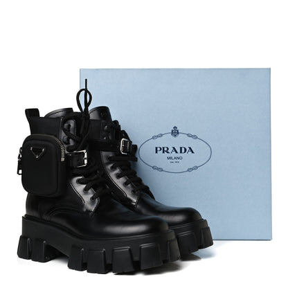Prada Spazzolato Rois Nylon Metal Triangle Logo Monolith Pouch Pocket 55mm Boots 38 Black 14 of 14