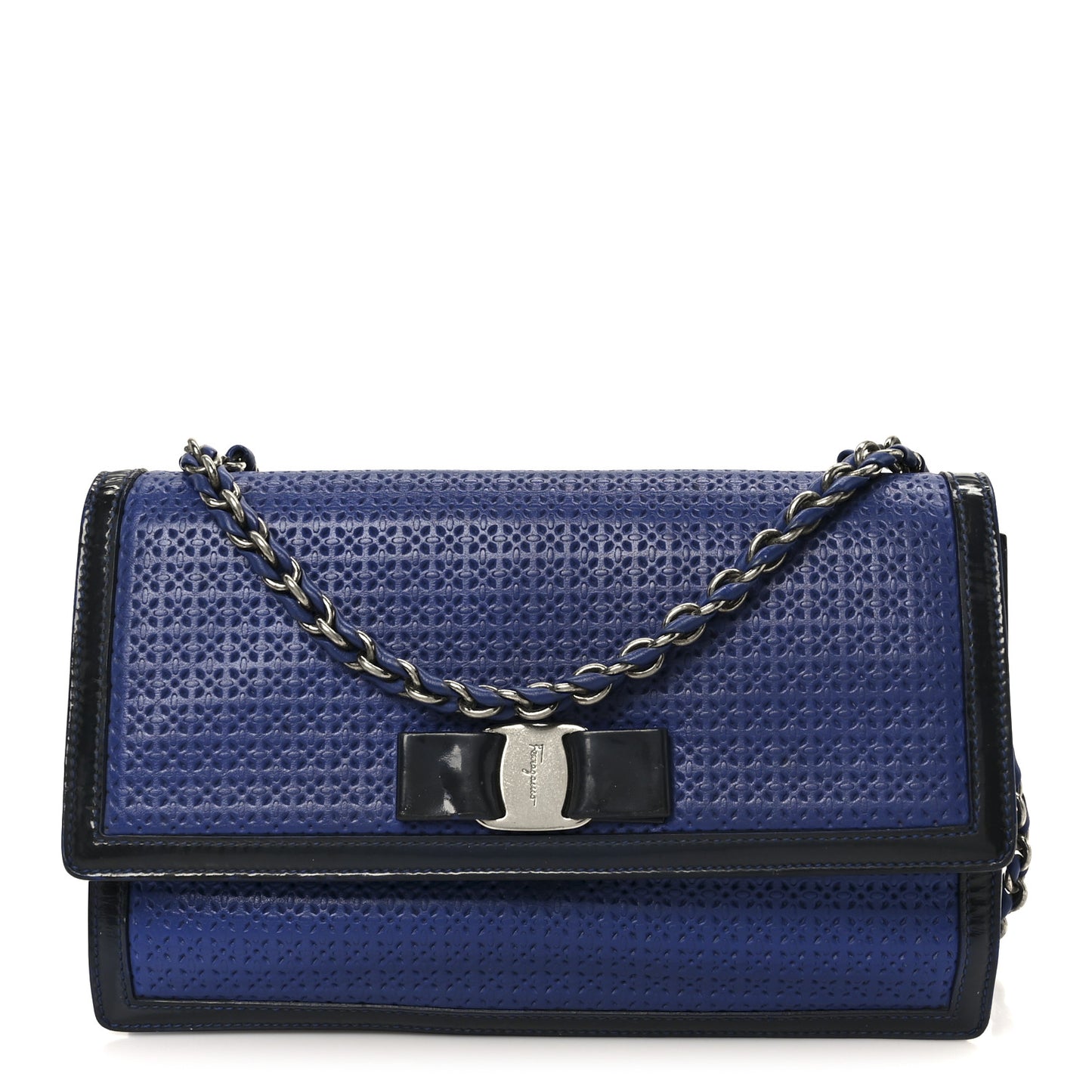 Perforated Calfskin Patent Ginny Bow Crossbody Bag Blue