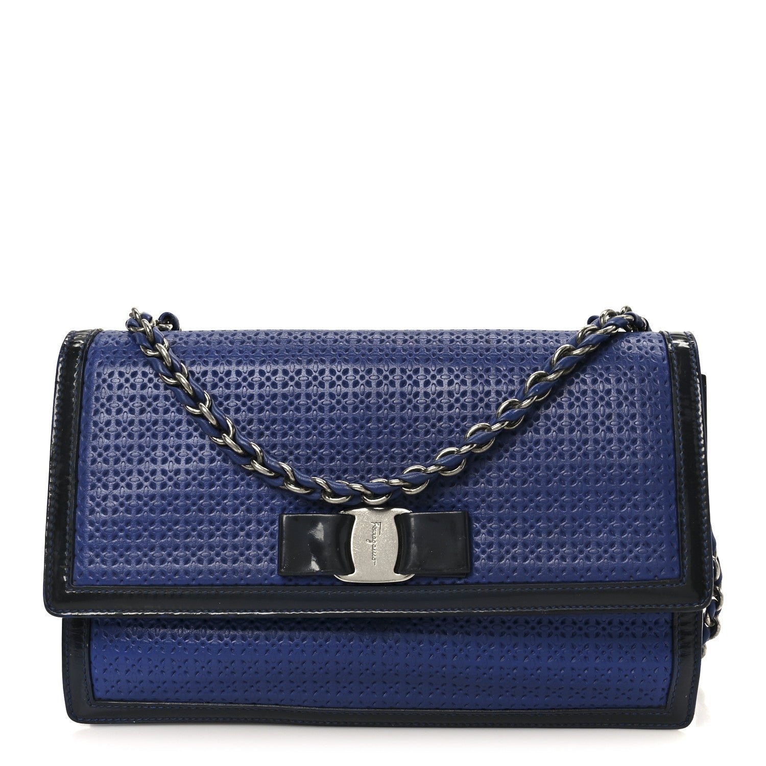 Salvatore Ferragamo Perforated Calfskin Patent Ginny Bow Crossbody Bag Blue 1 of 10