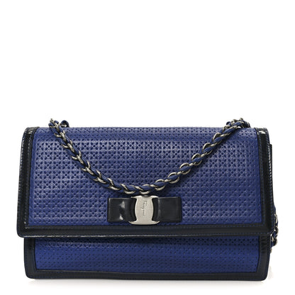 Salvatore Ferragamo Perforated Calfskin Patent Ginny Bow Crossbody Bag Blue 1 of 10