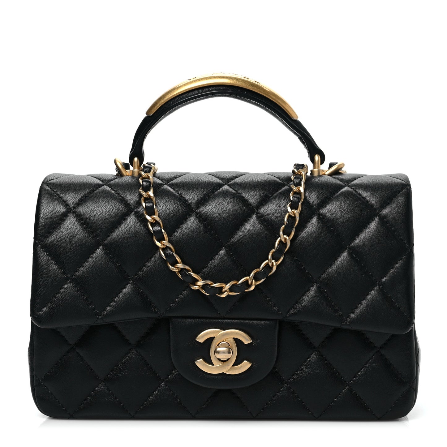 Lambskin Quilted Metal Mini Top Handle Rectangular Flap Black