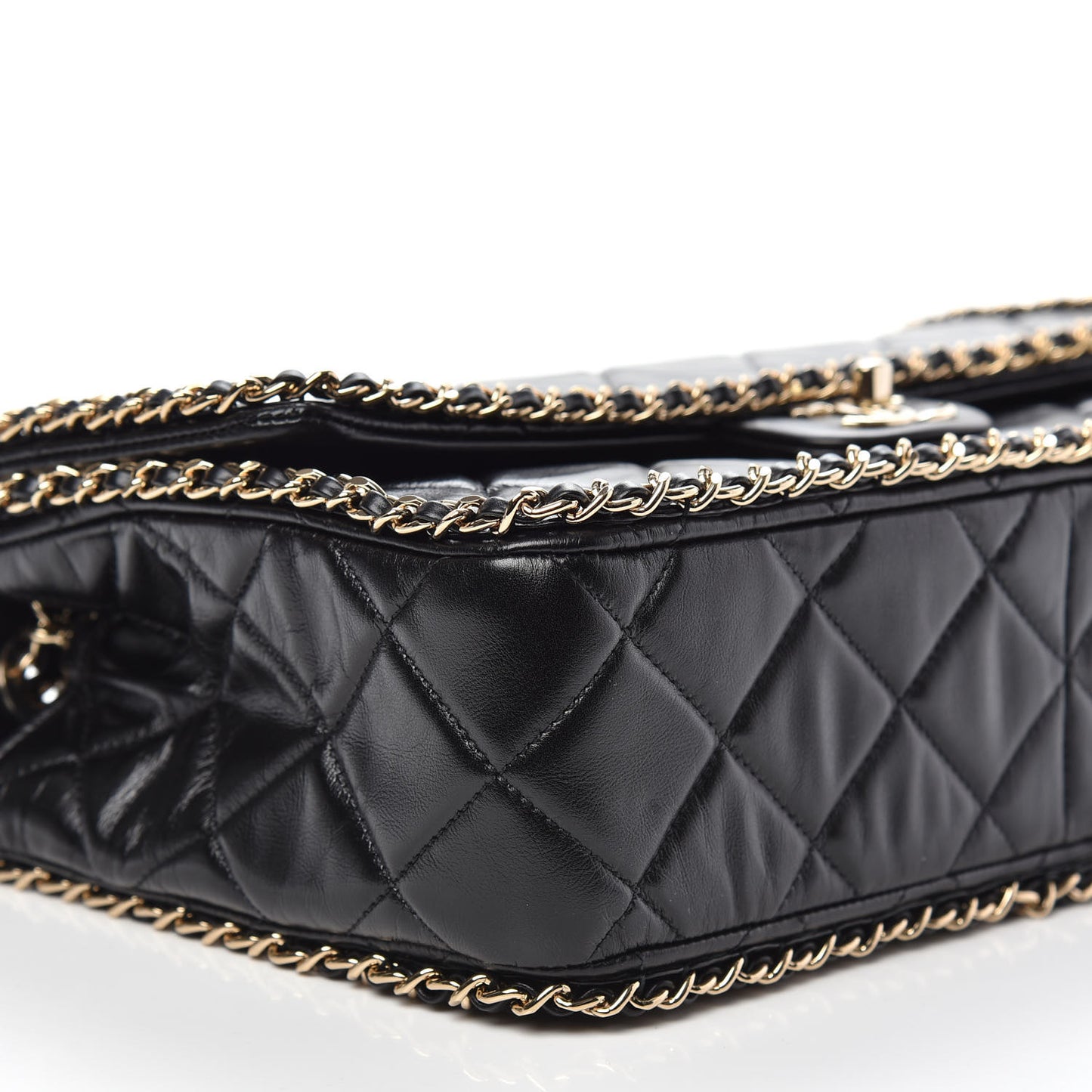 Crumpled Calfskin Quilted Large Chain All Over Flap Bag Black