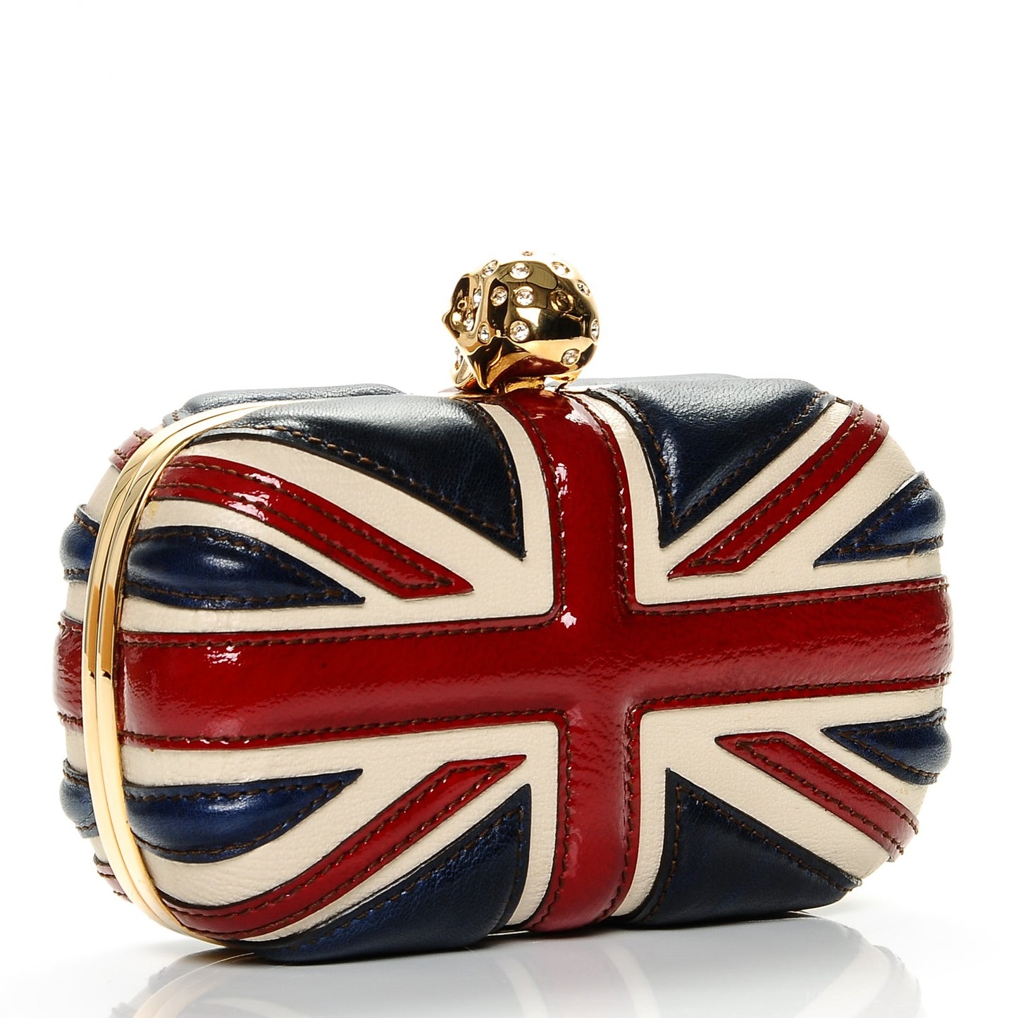 Patent Calfskin Britannia Skull Box Clutch Red Blue