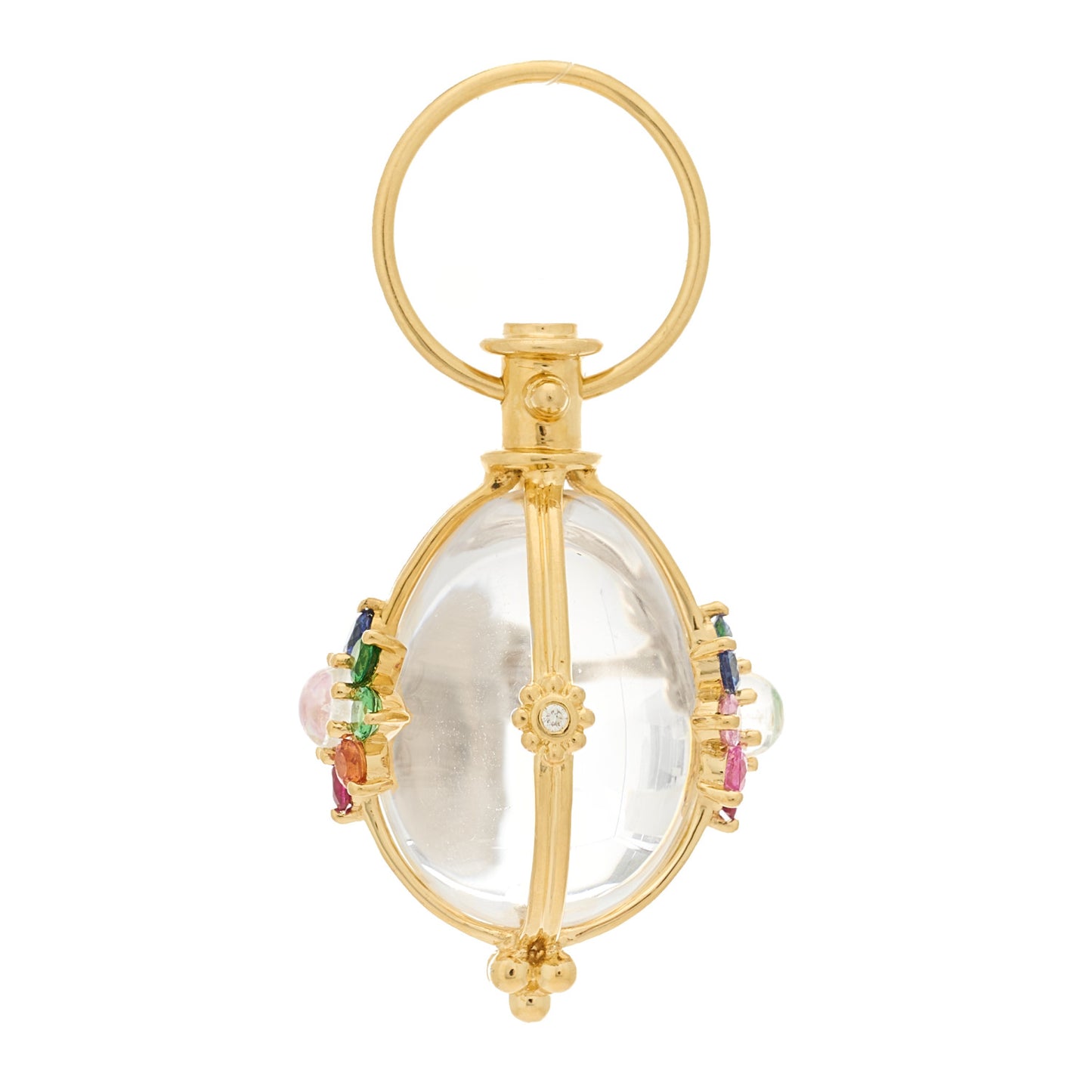 18K Yellow Gold Diamond Rock Crystal Multi Gemstone Floral Amulet Pendant
