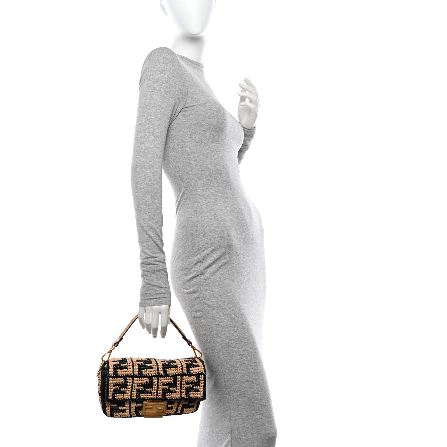 Fendi Raffia Vitello Grace FF Crochet Baguette Natural Black Paglia 2 of 9