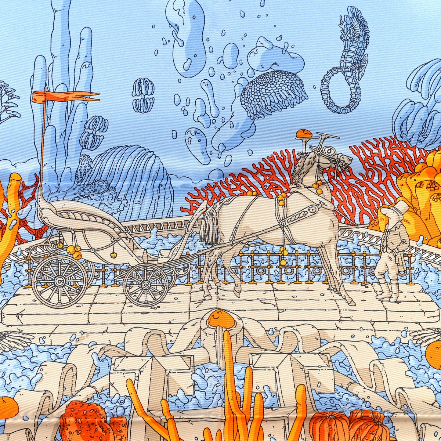 Vintage Silk Ex Libris Atlantis Scarf 70 Ciel Orange Mastic