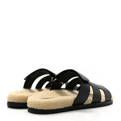 Hermes Veau Indios Woolskin Mens Chypre Sandals 42 Black Ecru 4 of 11