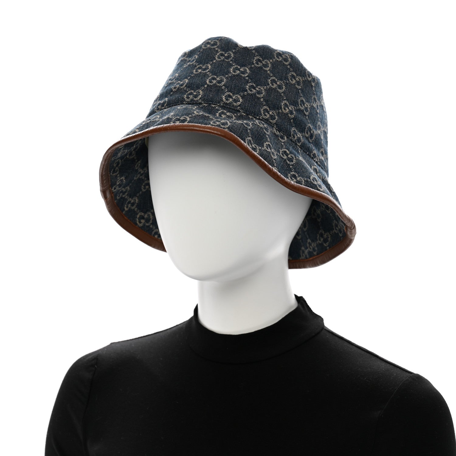 Gucci Washed Jacquard Denim Nappa GG Monogram Oscar Bucket Hat M Denim Cuir 2 of 10