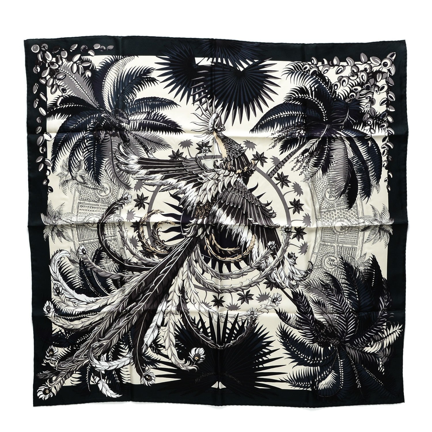 Hermes Silk Mythiques Phoenix Scarf 90 Vert Anthracite Vanille Auberg 1 of 4