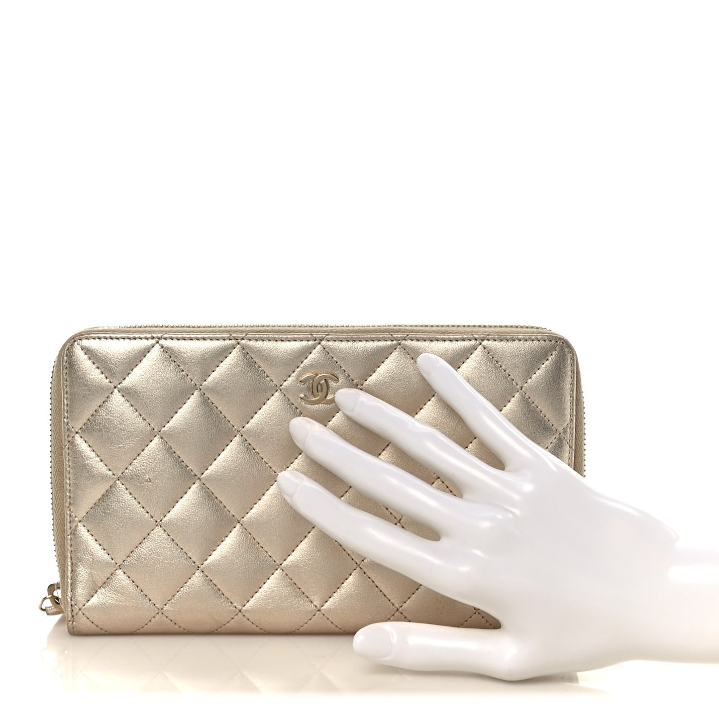 Iridescent Lambskin Quilted Large Zip Around Organizer Wallet Light Gold