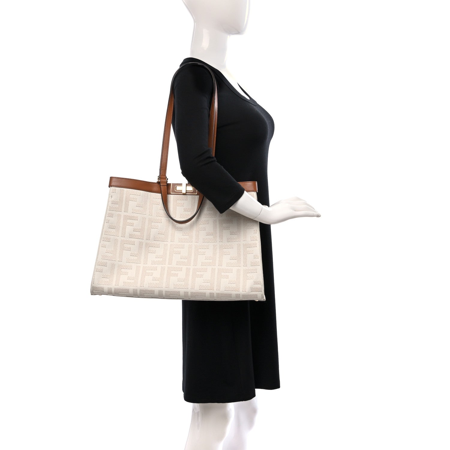 Fendi Canvas Vitello King FF Embroidered Medium Peekaboo X-Tote Grezzo Cuoio 2 of 8