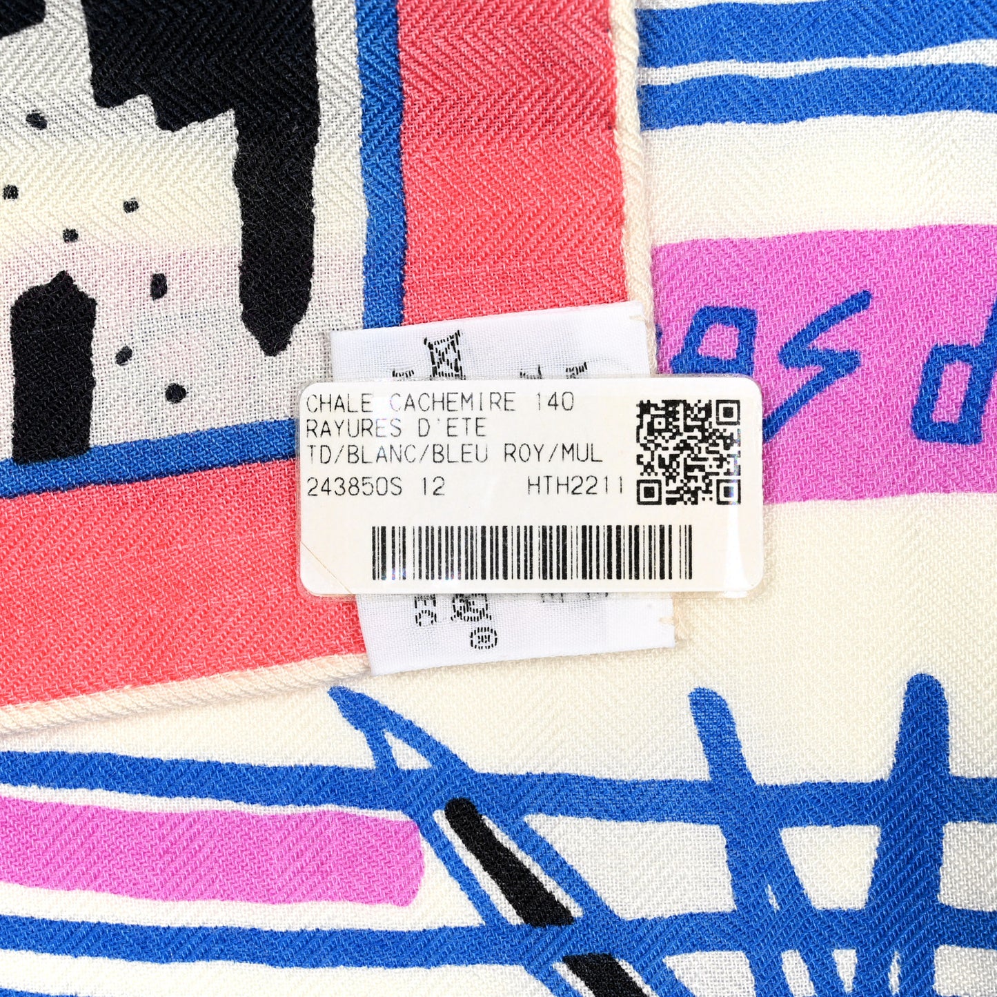 Cashmere Silk Rayures d'Ete Shawl 140 White Bleu Royal Multicolore