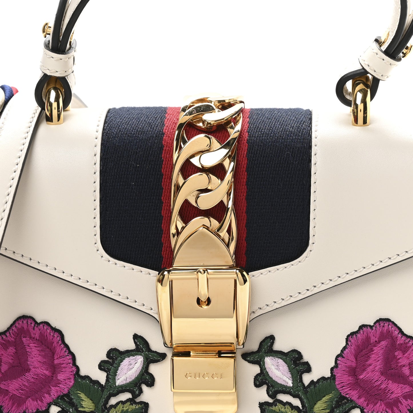 Calfskin Embroidered Mini Sylvie Top Handle Bag White