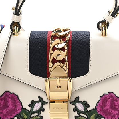 Gucci Calfskin Embroidered Mini Sylvie Top Handle Bag White 8 of 11