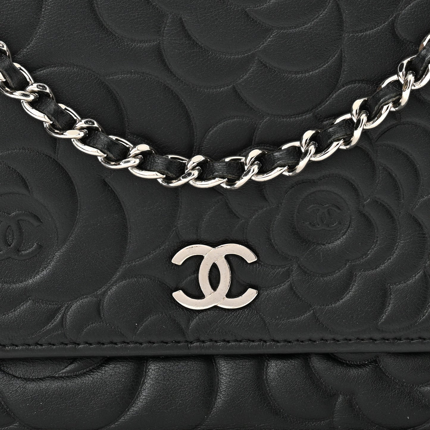 Lambskin Camellia Embossed Wallet on Chain WOC Black