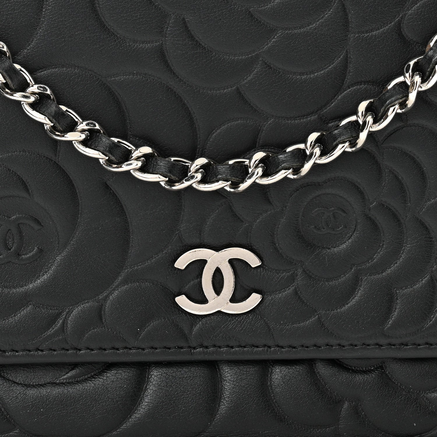 Chanel Lambskin Camellia Embossed Wallet on Chain WOC Black 8 of 10