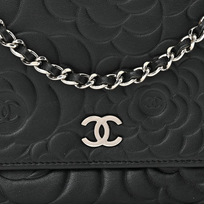 Chanel Lambskin Camellia Embossed Wallet on Chain WOC Black 8 of 10