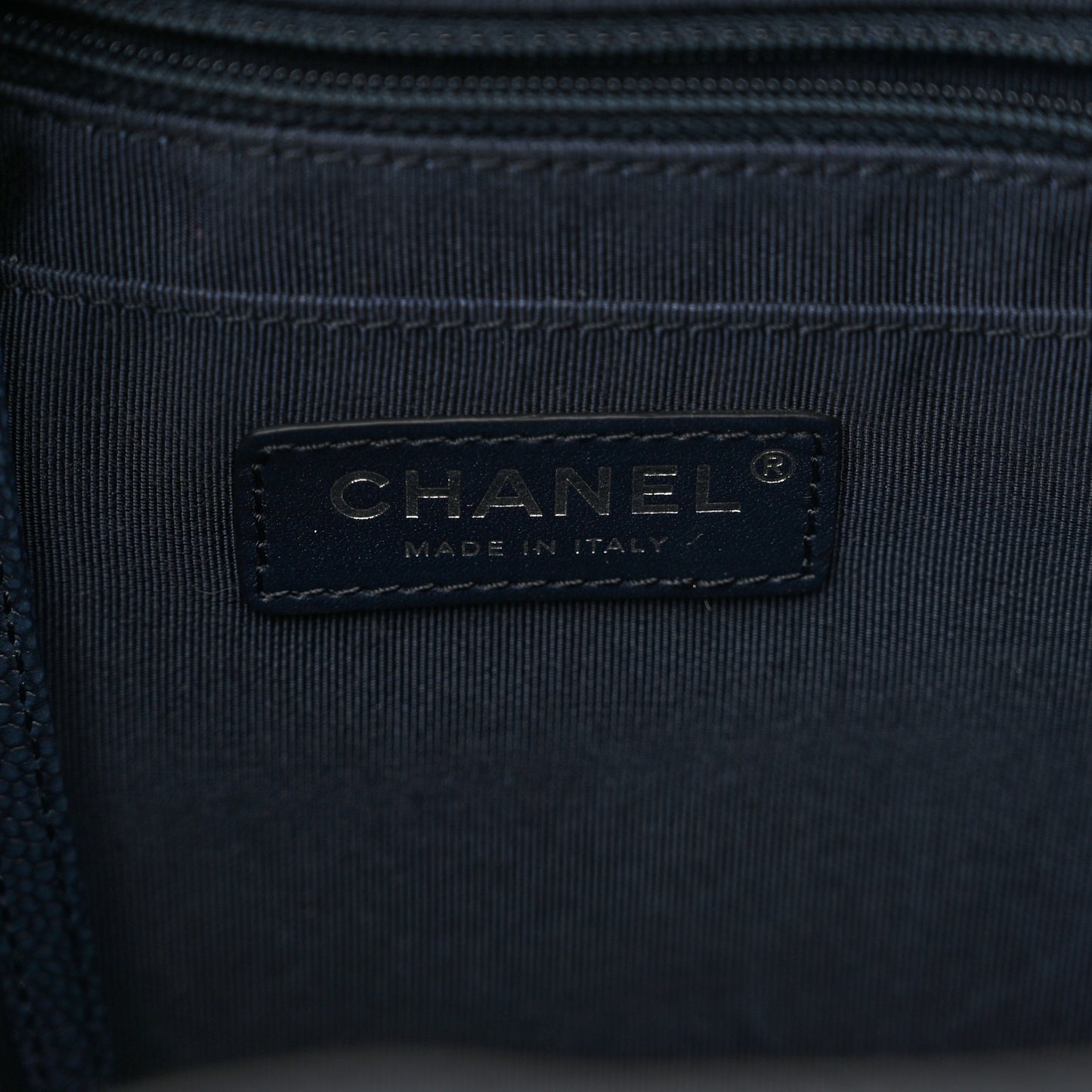 Caviar Flat Quilted CC Chain Bucket Drawstring Bag Navy