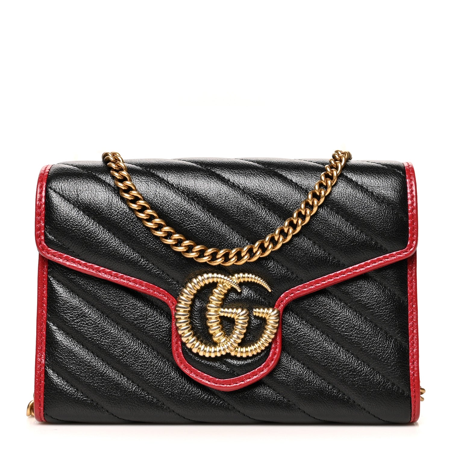 Gucci Vintage Effect Calfskin Matelasse Diagonal Torchon GG Marmont Chain Wallet Black Romantic Cherry 1 of 11