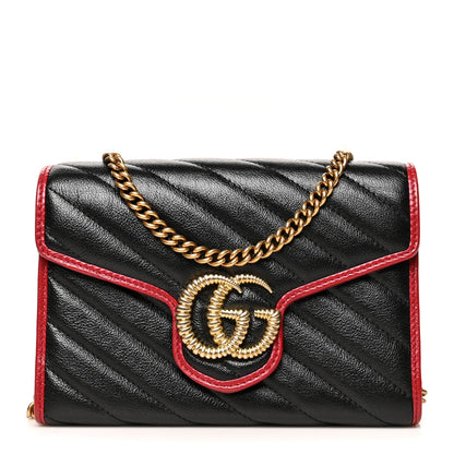 Gucci Vintage Effect Calfskin Matelasse Diagonal Torchon GG Marmont Chain Wallet Black Romantic Cherry 1 of 11