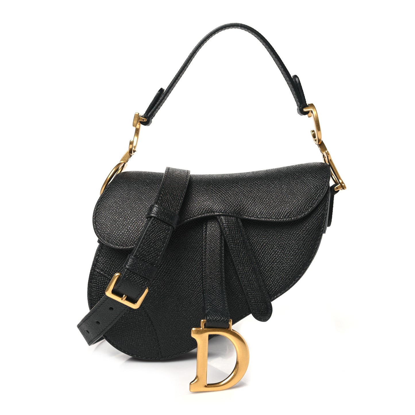 Grained Calfskin Mini Saddle Bag With Strap Black