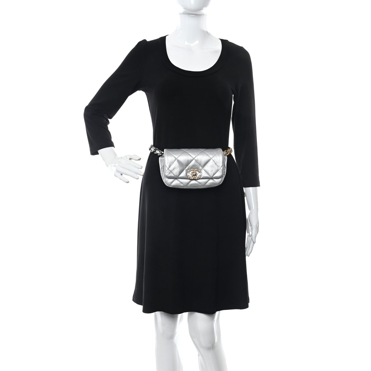 Metallic Goatskin Quilted Chanel 19 Waist Bag Silver