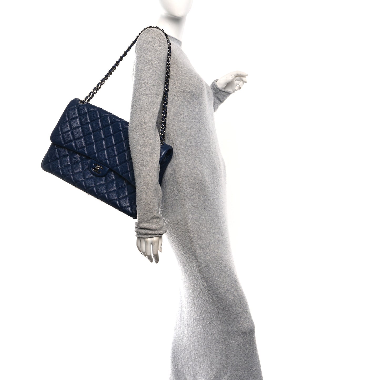 Metallized Calfskin Quilted XXL Travel Flap Bag Navy