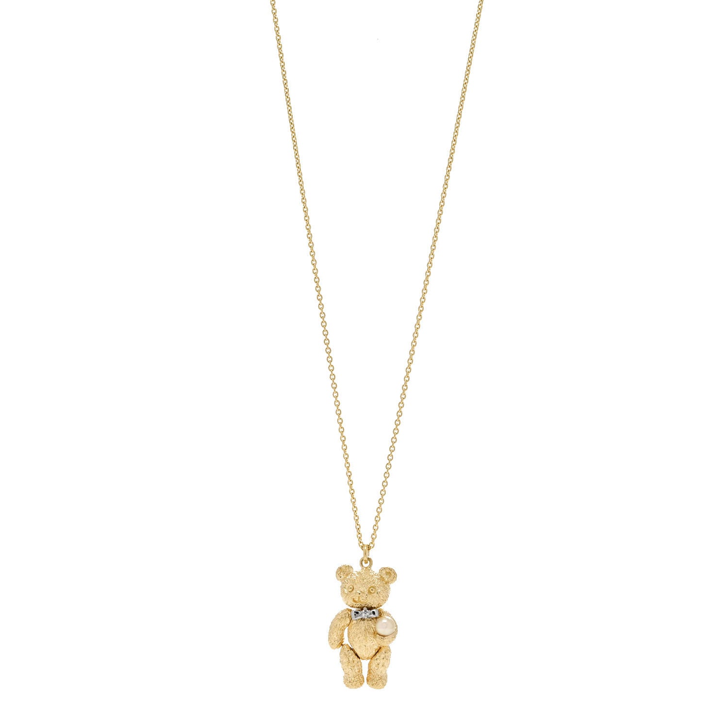 Mikimoto 18K Yellow Gold Platinum Diamond Akoya Pearl Teddy Bear Pendant Necklace 1 of 5