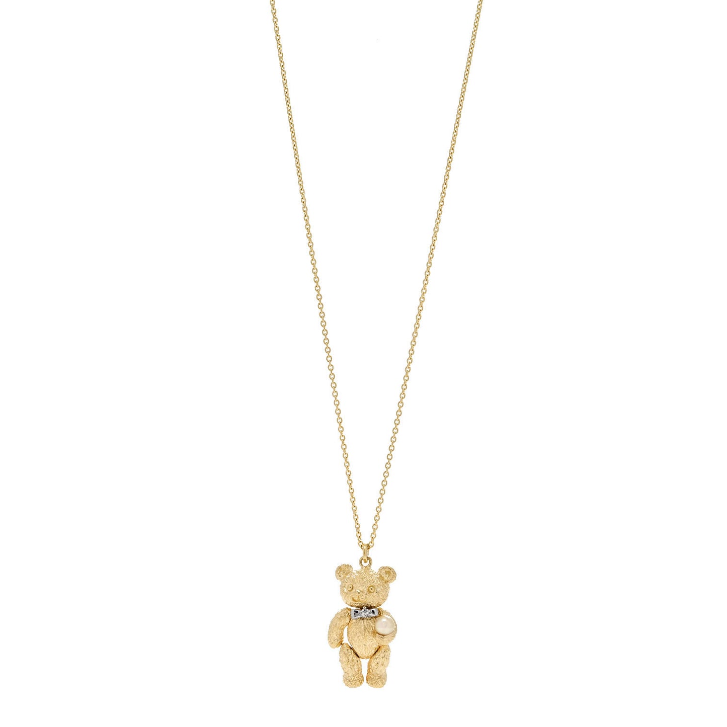 18K Yellow Gold Platinum Diamond Akoya Pearl Teddy Bear Pendant Necklace
