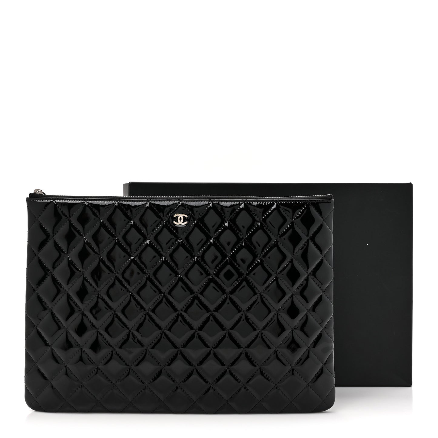Patent Calfskin Quilted Large Cosmetic Case Black