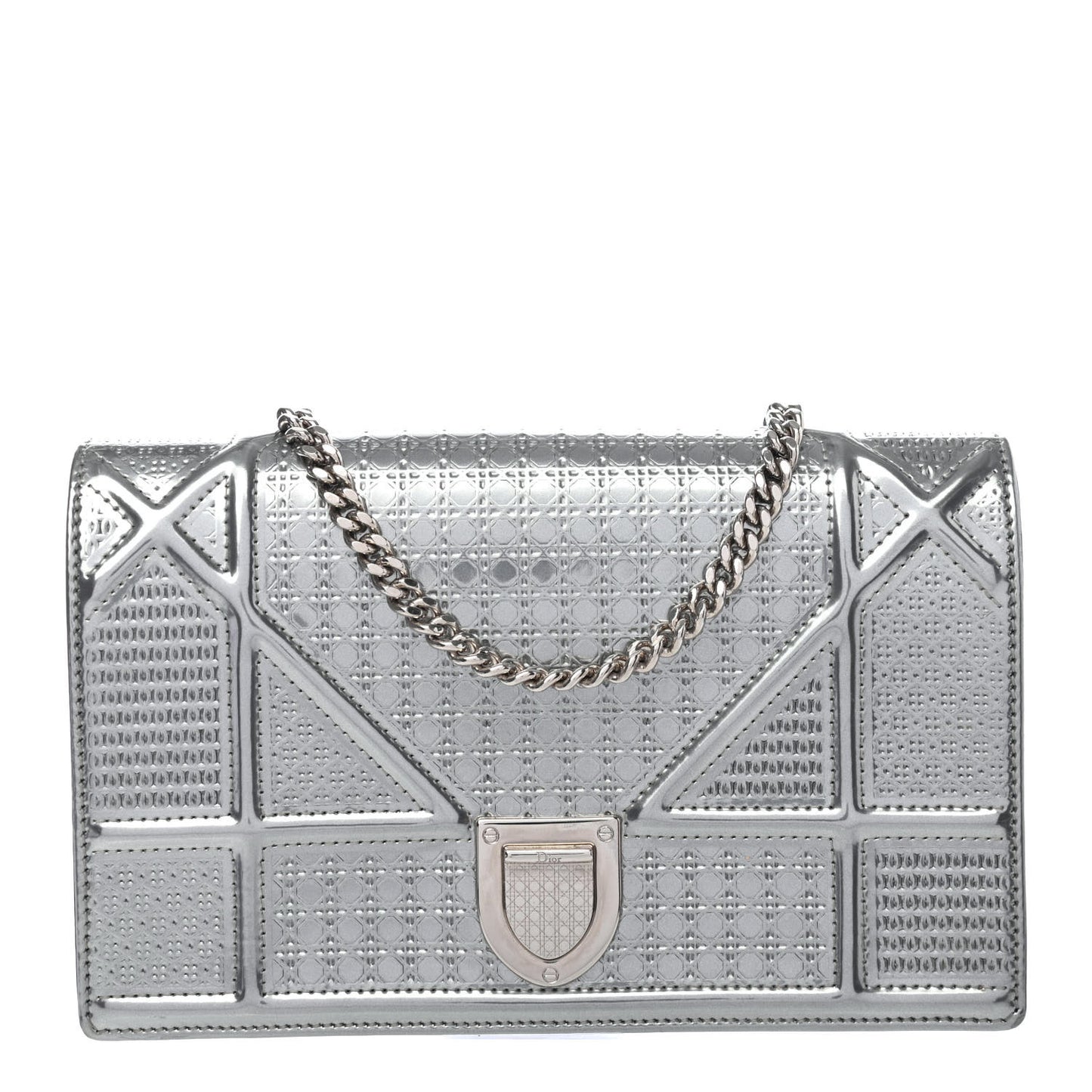 Metallic Patent Micro-Cannage Diorama Wallet on Chain Pouch Silver