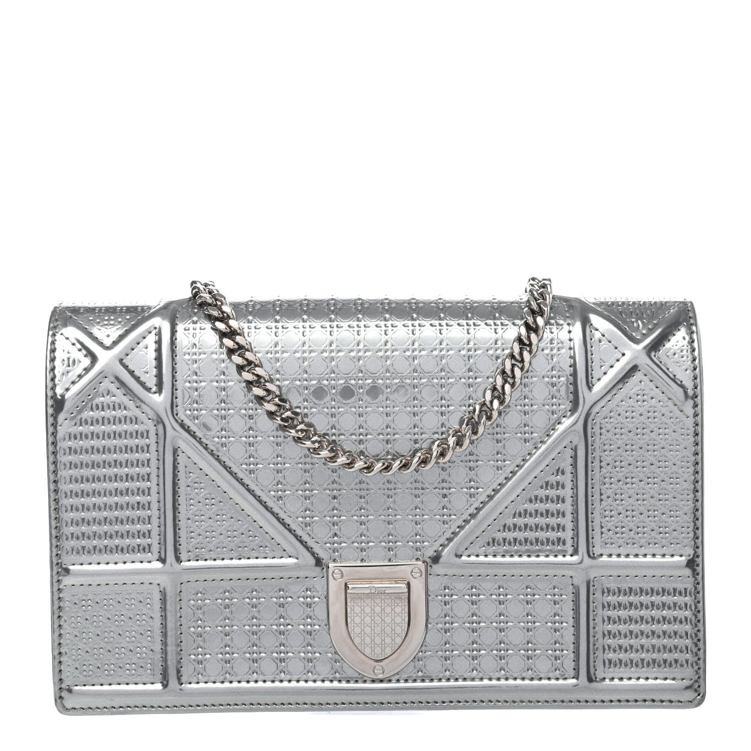 Christian Dior Metallic Patent Micro-Cannage Diorama Wallet on Chain Pouch Silver 1 of 4