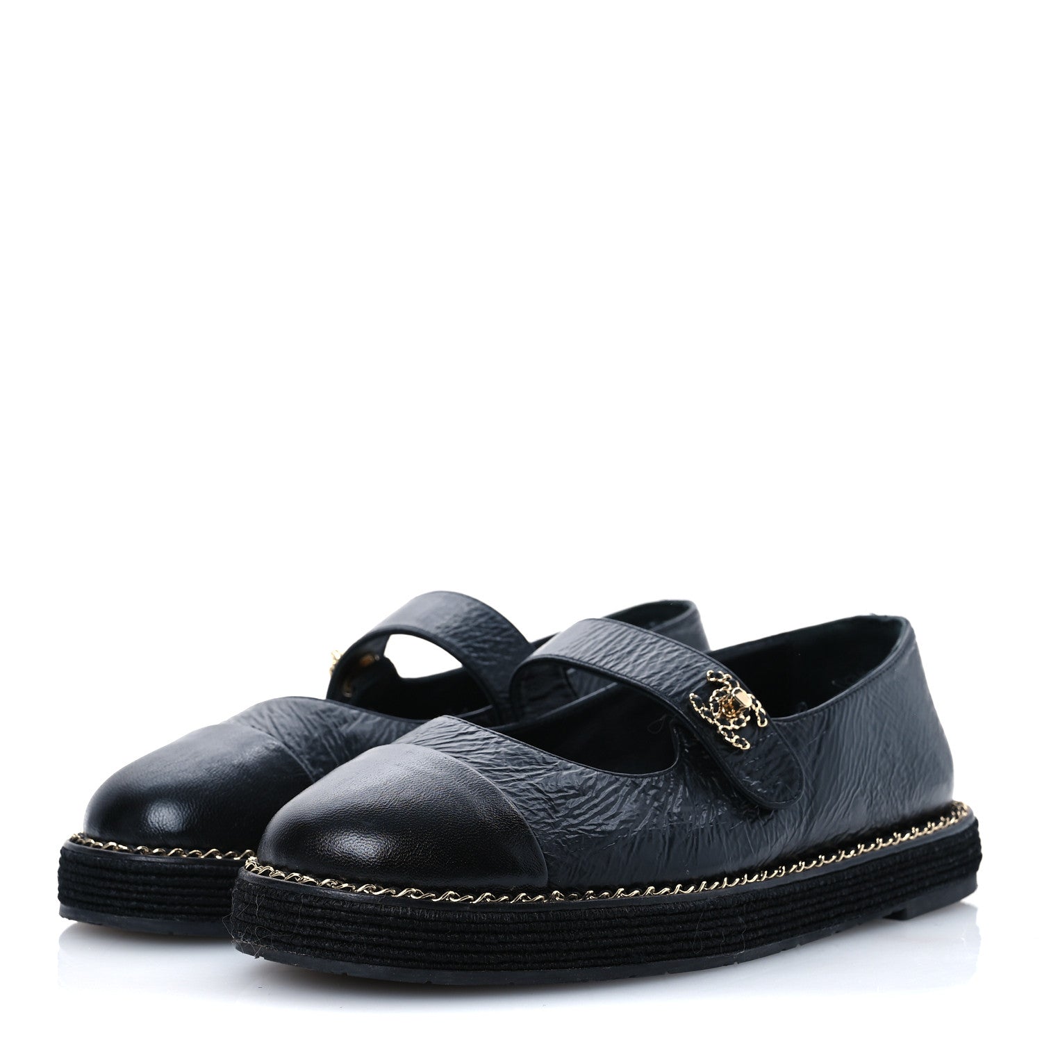 Chanel Crumpled Lambskin Cap Toe Chain CC Turnlock Mary Jane Flats