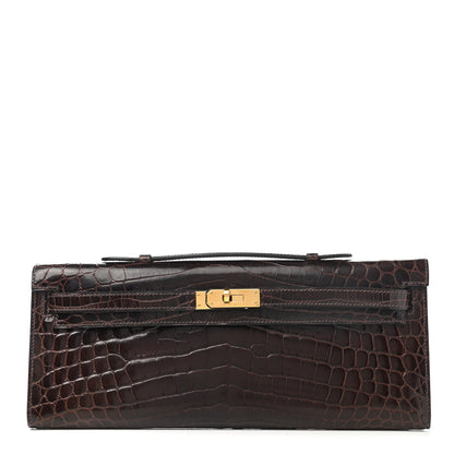 Hermes Shiny Niloticus Crocodile Kelly Cut Pochette Havane 1 of 7