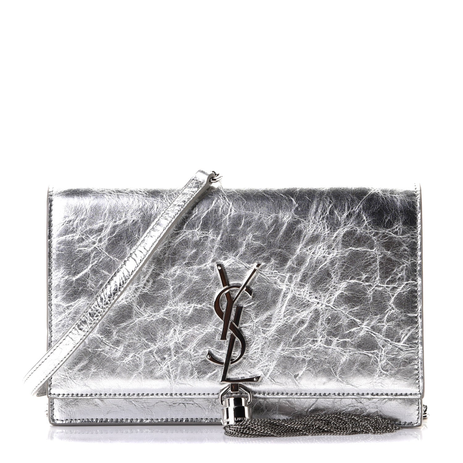 Saint Laurent Metallic Crackled Calfskin Kate Monogram Tassel Chain Wallet Argento 1 of 7