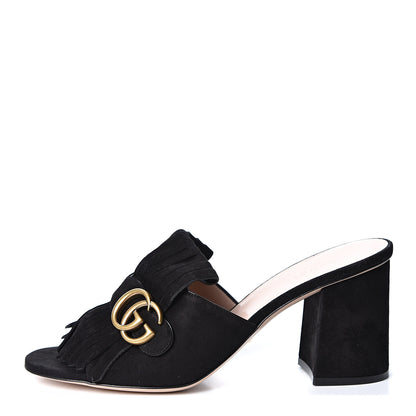 Gucci Kid Scamosciato GG Marmont Fringe 75mm Slide Sandals 40.5 Black 1 of 10