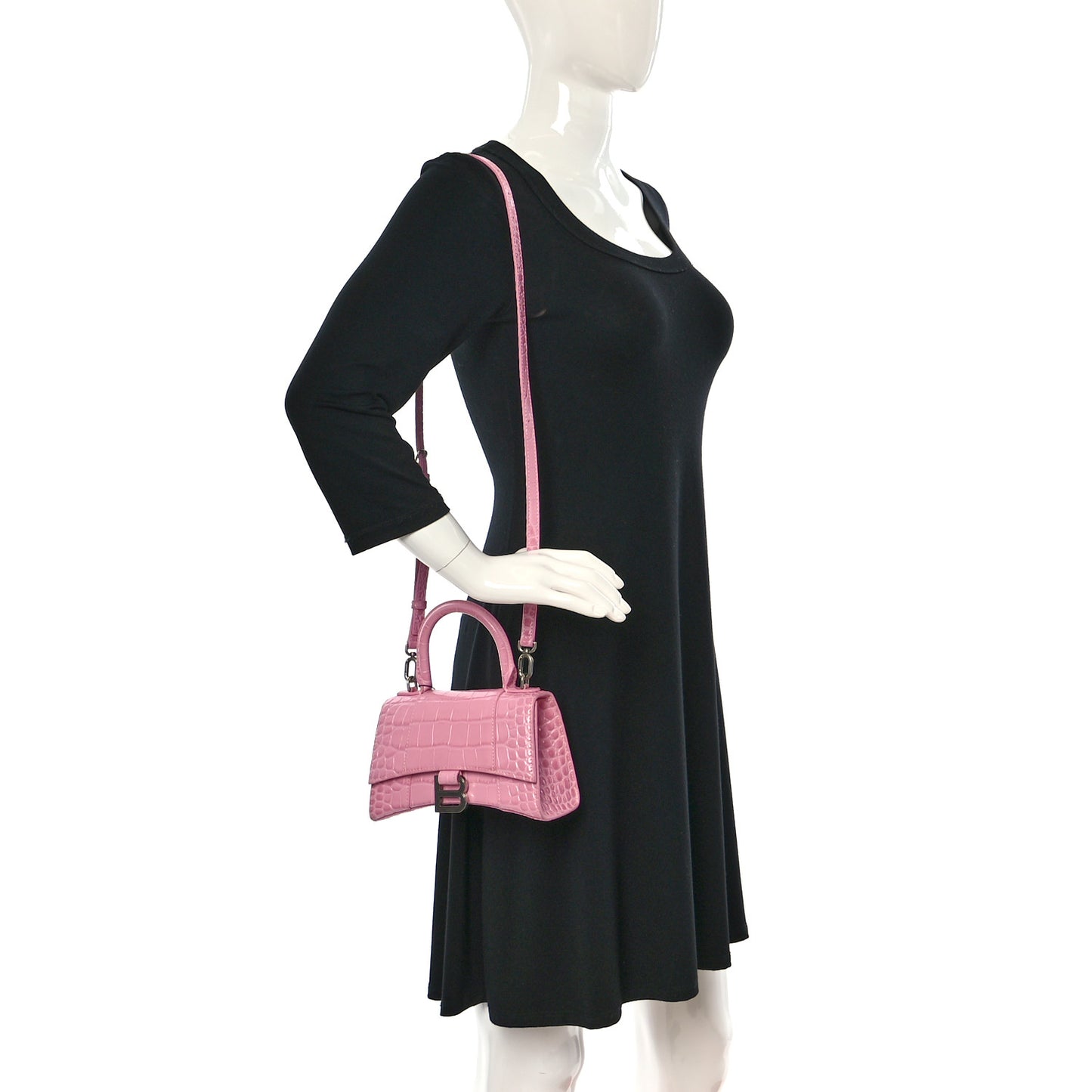 Shiny Calfskin Crocodile Embossed Hourglass Top Handle Bag XS Pink