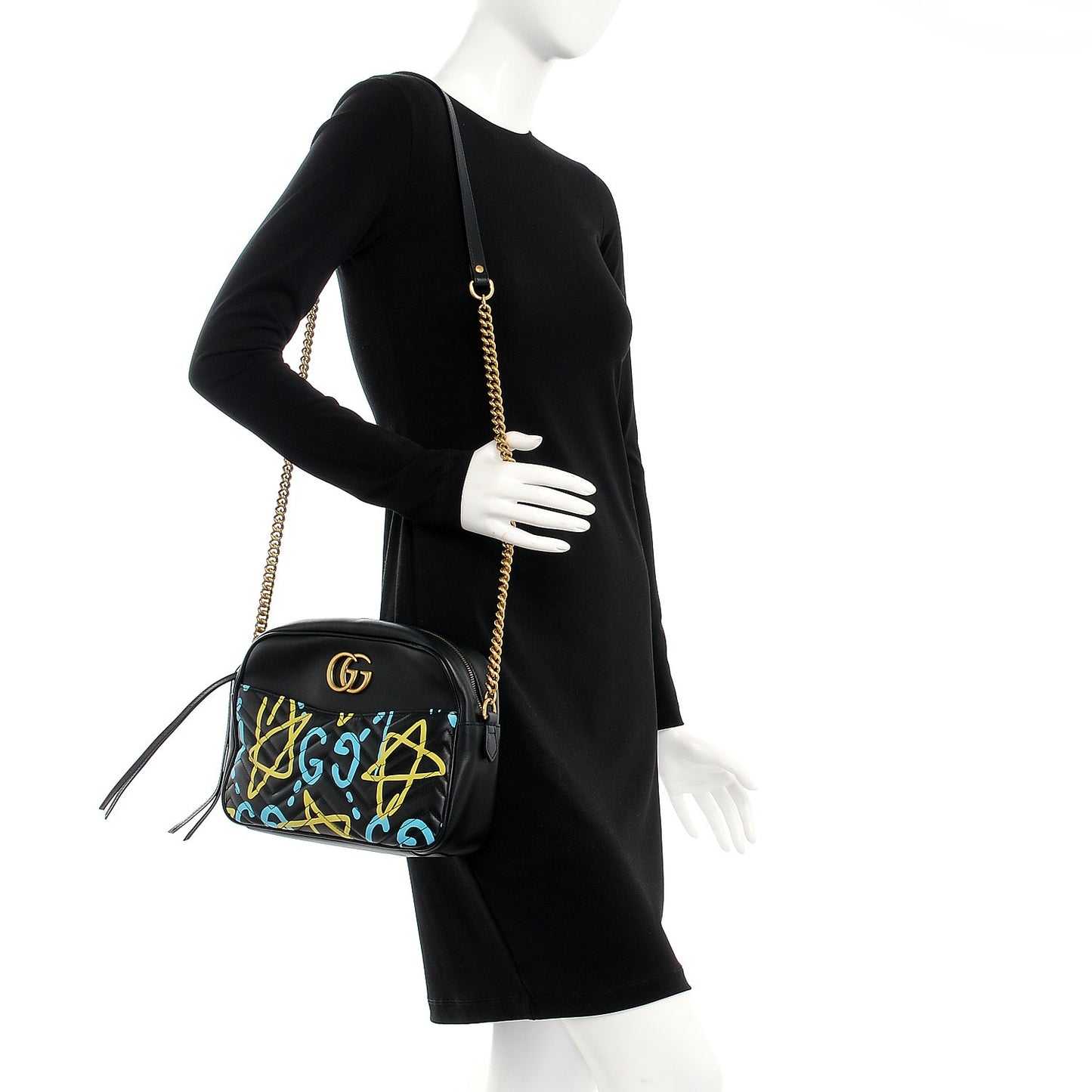 Calfskin Matelasse GucciGhost Medium GG Marmont Chain Shoulder Bag Black New Acquamarine