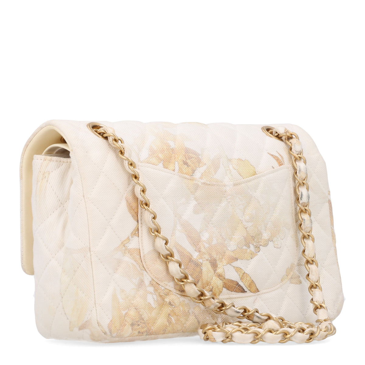 Denim Floral Printed Medium Double Flap Beige