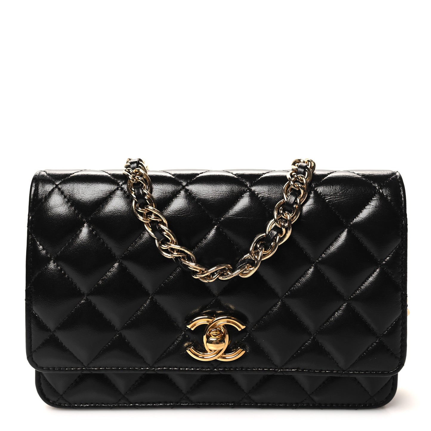 Shiny Lambskin Quilted Golden Links Wallet On Chain WOC Black