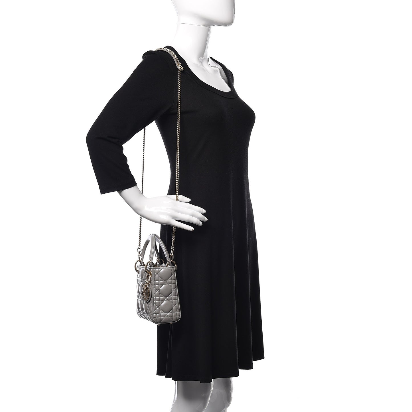 Metallic Lambskin Cannage Mini Lady Dior Grey