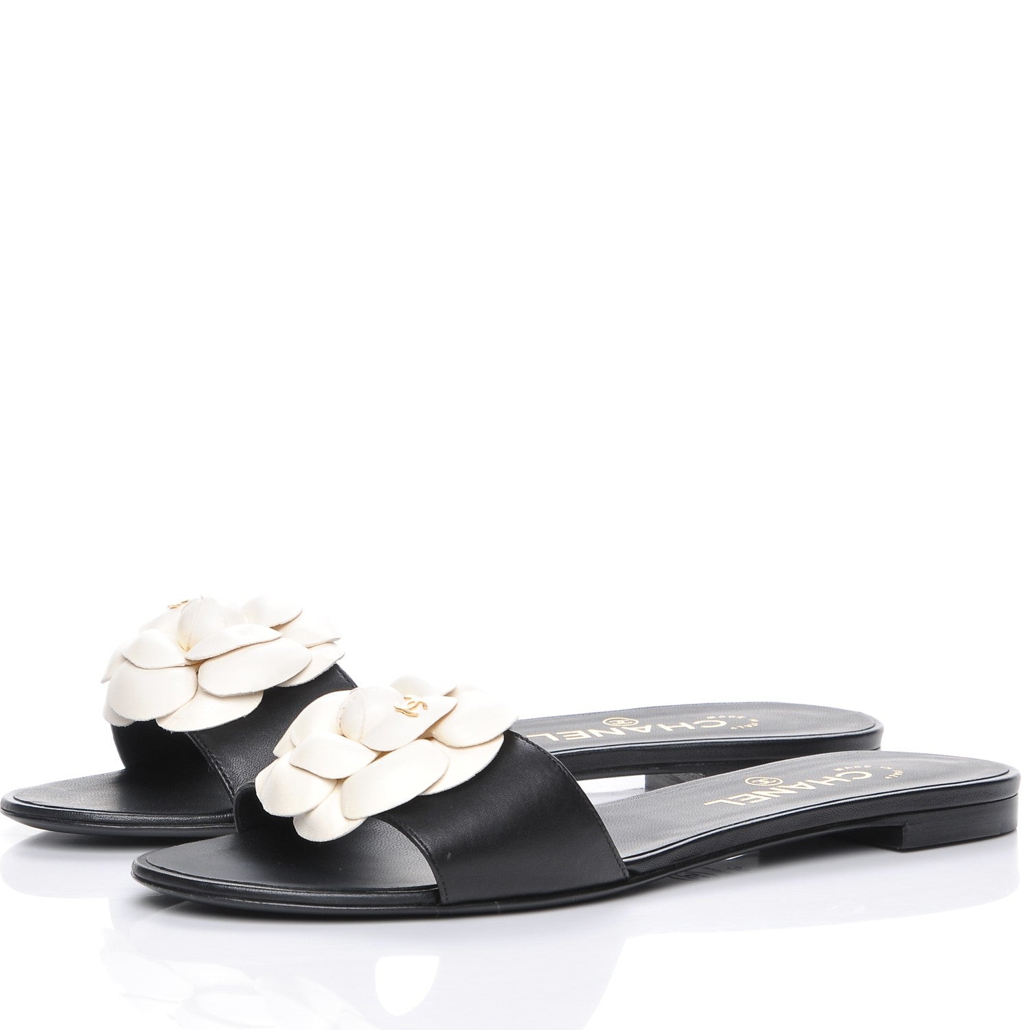 Chanel Lambskin Camellia Sandals 39.5 Black White 3 of 8