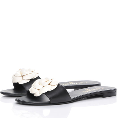 Chanel Lambskin Camellia Sandals 39.5 Black White 3 of 8