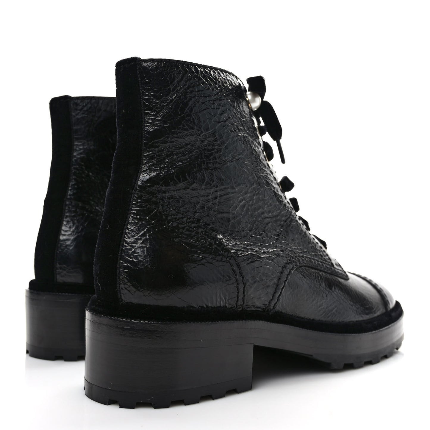 Shiny Calfskin Velvet Pearl Combat Short Boots 38.5 Black