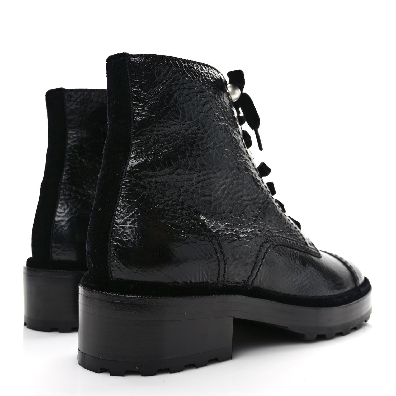 Chanel Shiny Calfskin Velvet Pearl Combat Short Boots 38.5 Black 4 of 8