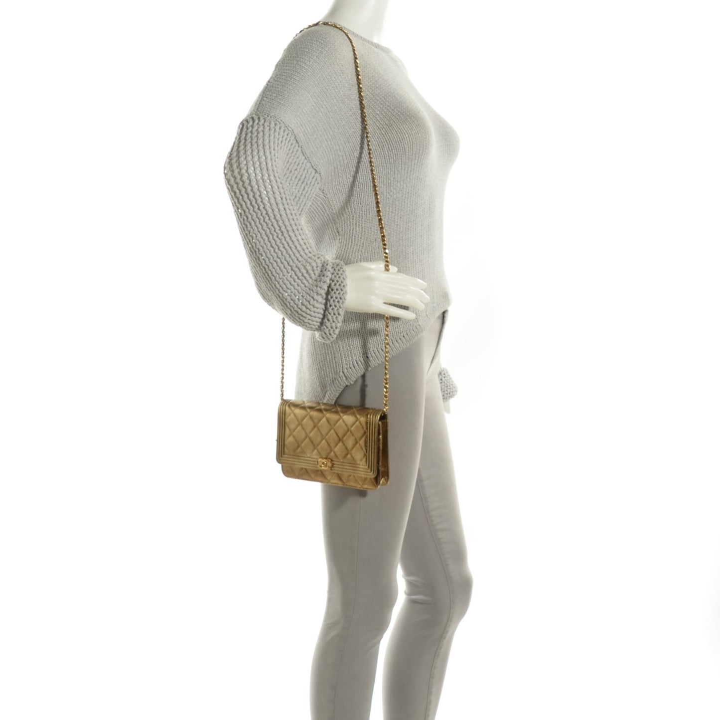 Distressed Calfskin Quilted Boy Wallet On Chain WOC Gold