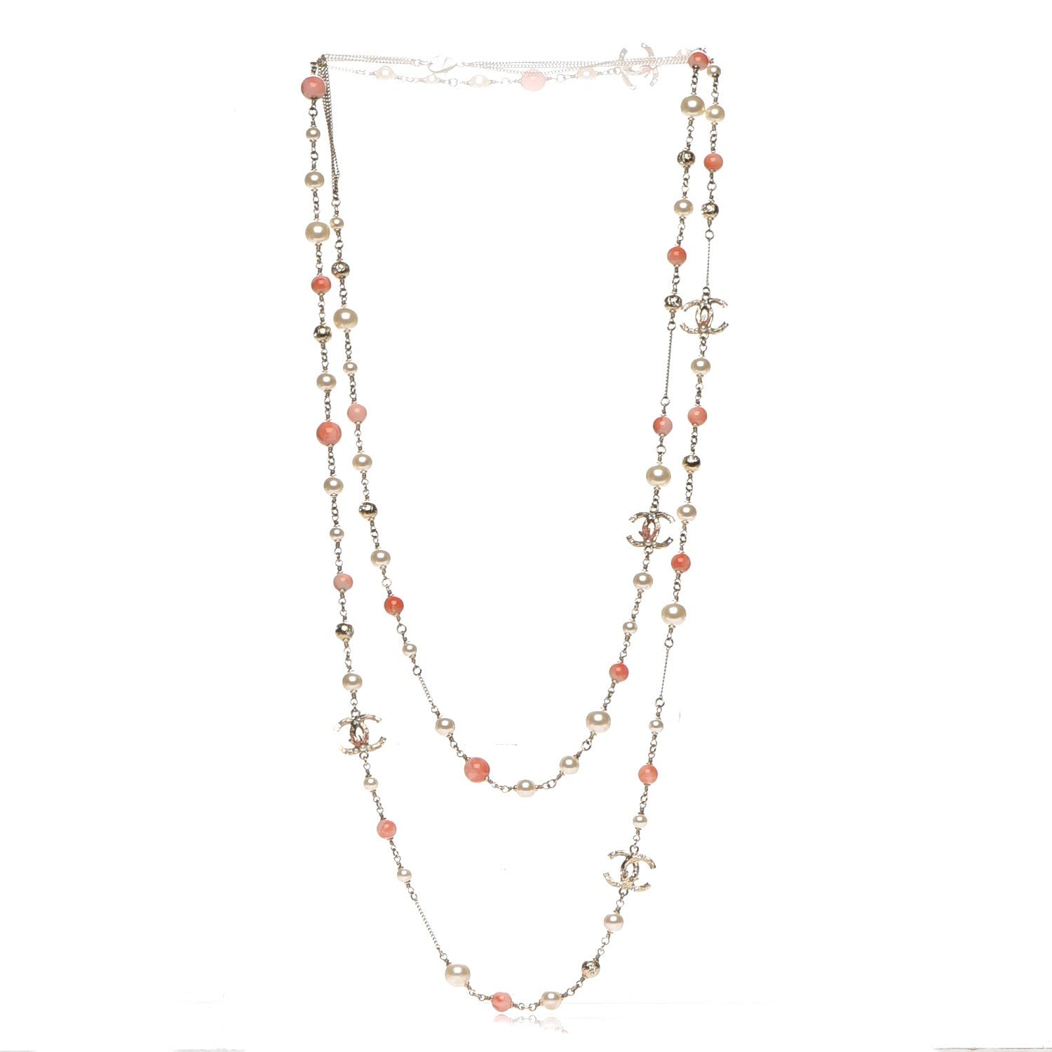 Chanel Beaded Pearl Crystal CC Long Strand Necklace Gold Coral 3 of 7