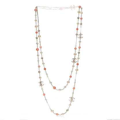 Chanel Beaded Pearl Crystal CC Long Strand Necklace Gold Coral 3 of 7