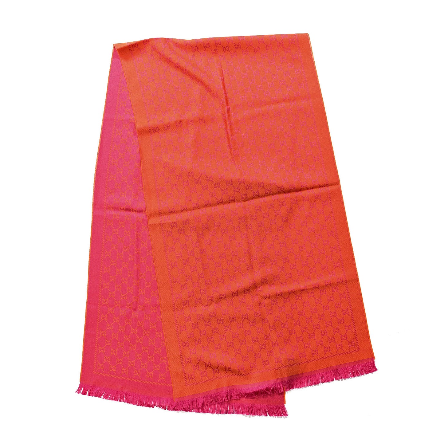 Wool GG Monogram Reversible New Sten Fringe Scarf Orange Pink