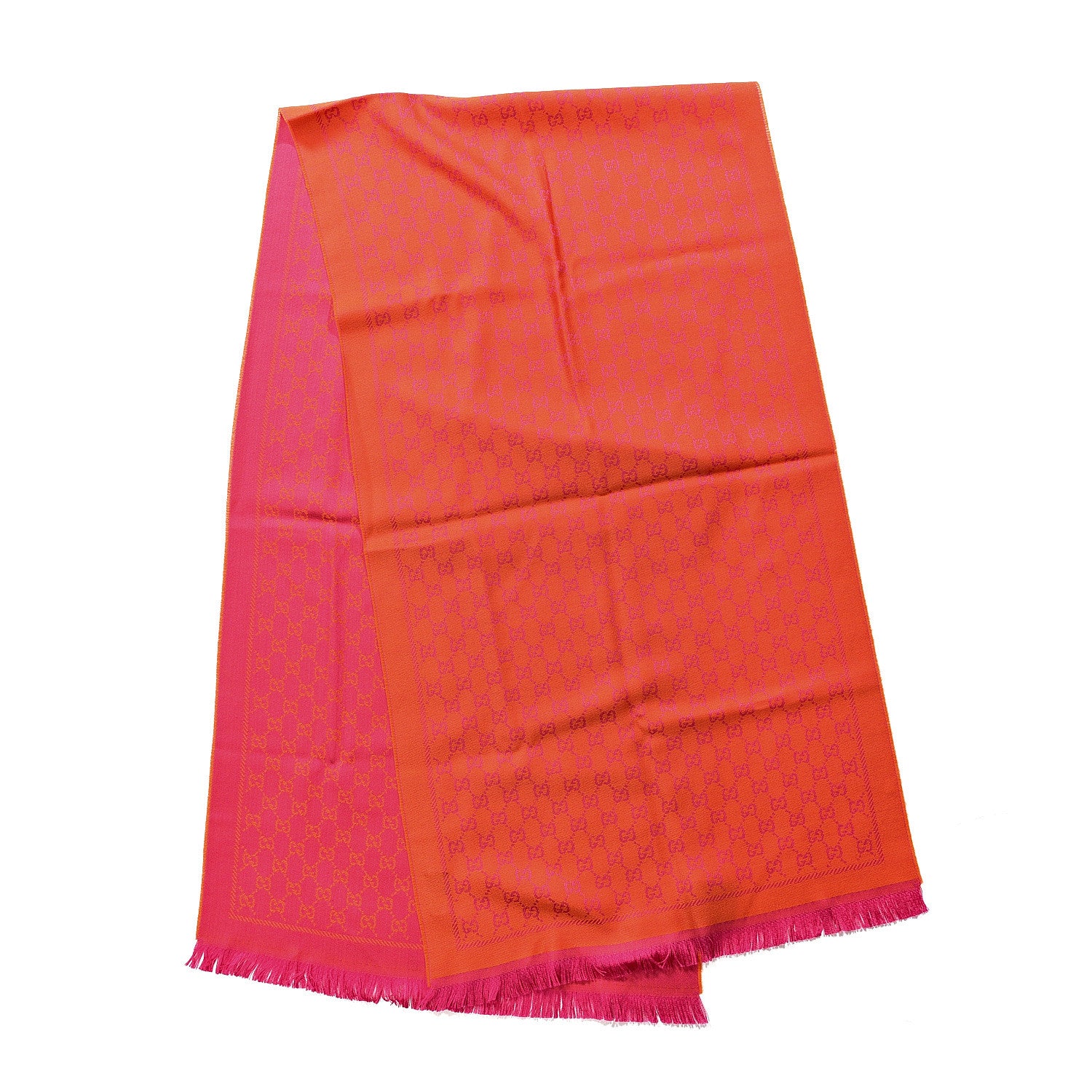 Gucci Wool GG Monogram Reversible New Sten Fringe Scarf Orange Pink 2 of 3